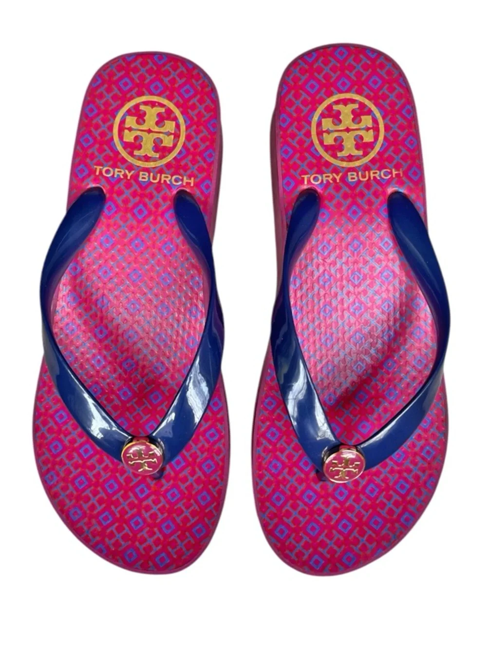 Tory Burch Thandie Wedge Flip Flop in Pink/Navy Blue Lattice Print, sz 6 - Picture 2 of 12